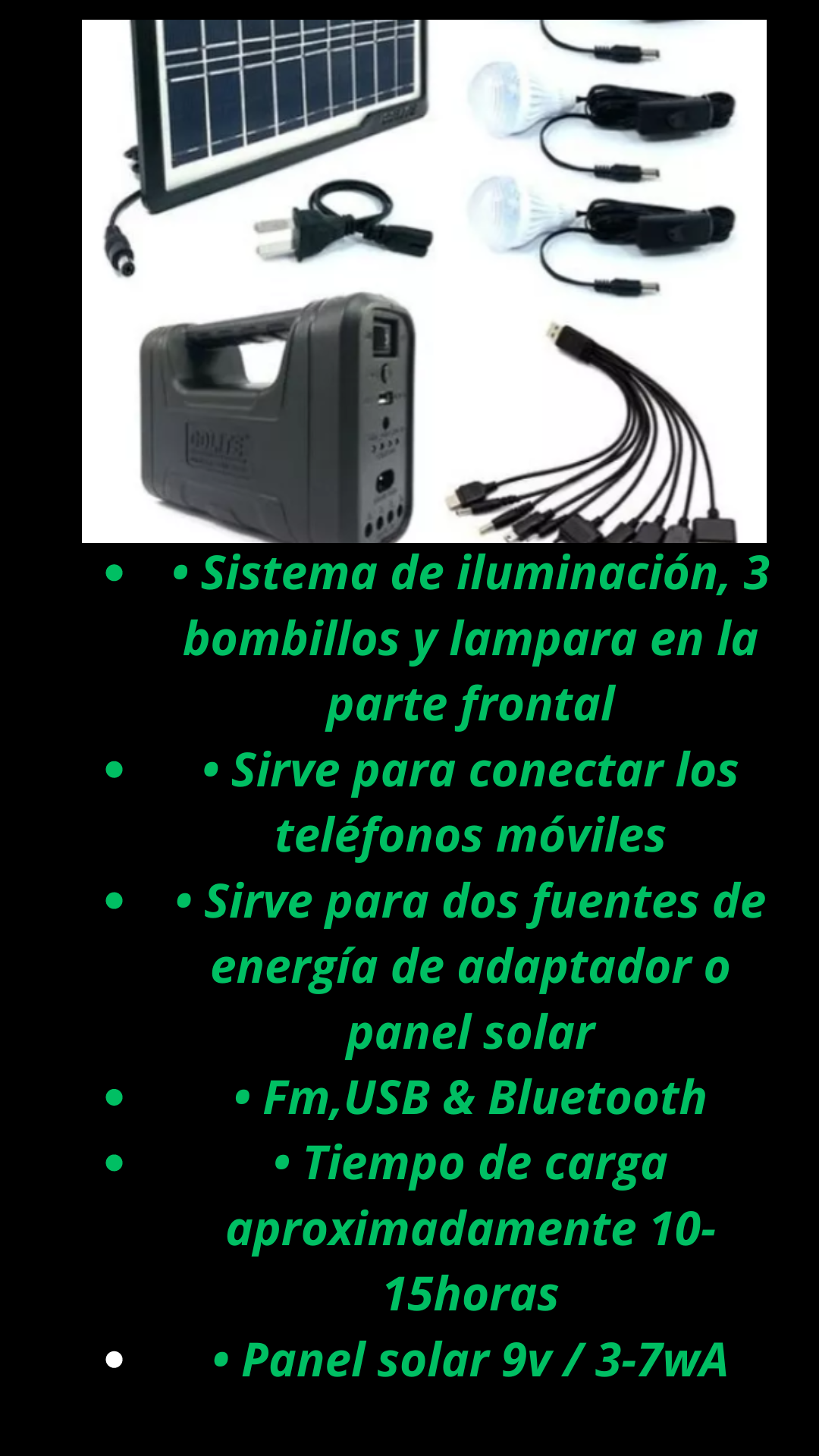 Kit Panel Solar Con Batería Y 3 Bombillos De 3w Usb 5v Radio fm