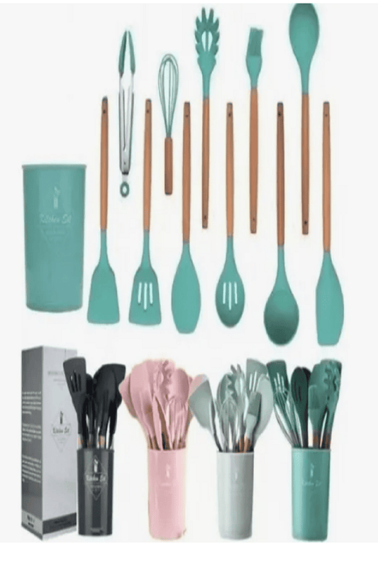 Cubiertos En Silicona, Espátula Con Mango De Madera X 12