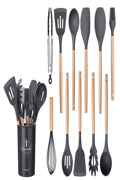 Cubiertos En Silicona, Espátula Con Mango De Madera X 12