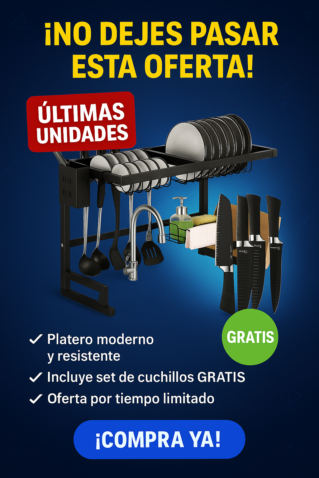 ¡Aprovecha! 🎁 Obsequiamos un Juego de Cuchillos 🗡️ con nuestro Escurridor Platero Ahorrador de Espacio de Acero Inoxidable $99.900✨🍽️