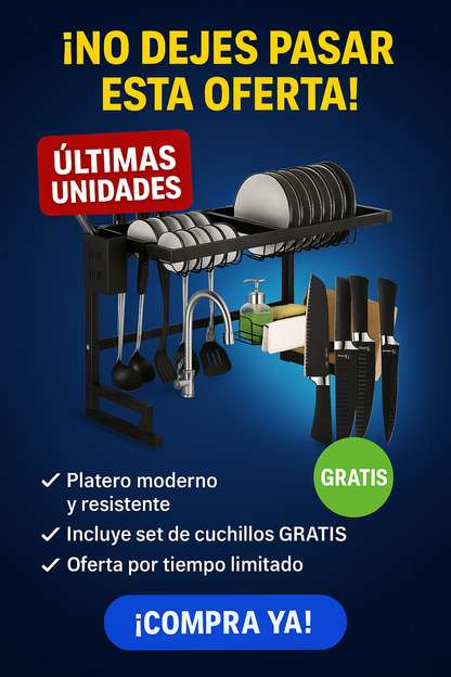 ¡Aprovecha! 🎁 Obsequiamos un Juego de Cuchillos 🗡️ con nuestro Escurridor Platero Ahorrador de Espacio de Acero Inoxidable $99.900✨🍽️