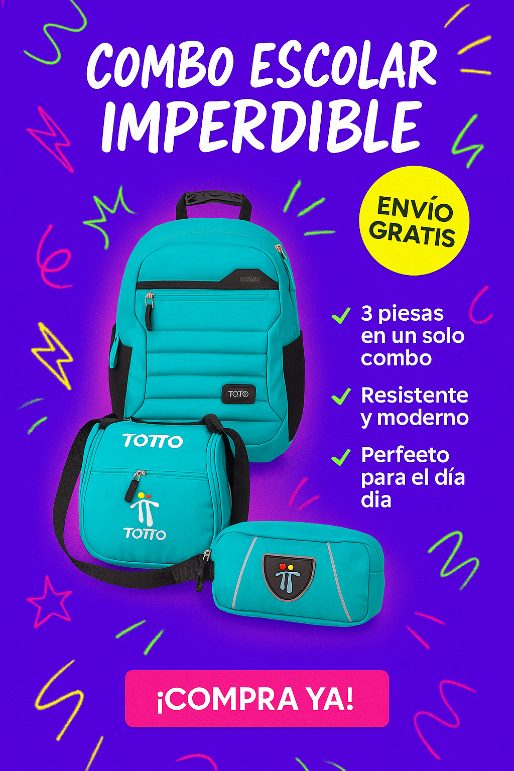 Morral Totto con Cartuchera y Lonchera: Práctico, duradero y con estilo por tan solo  $109.000