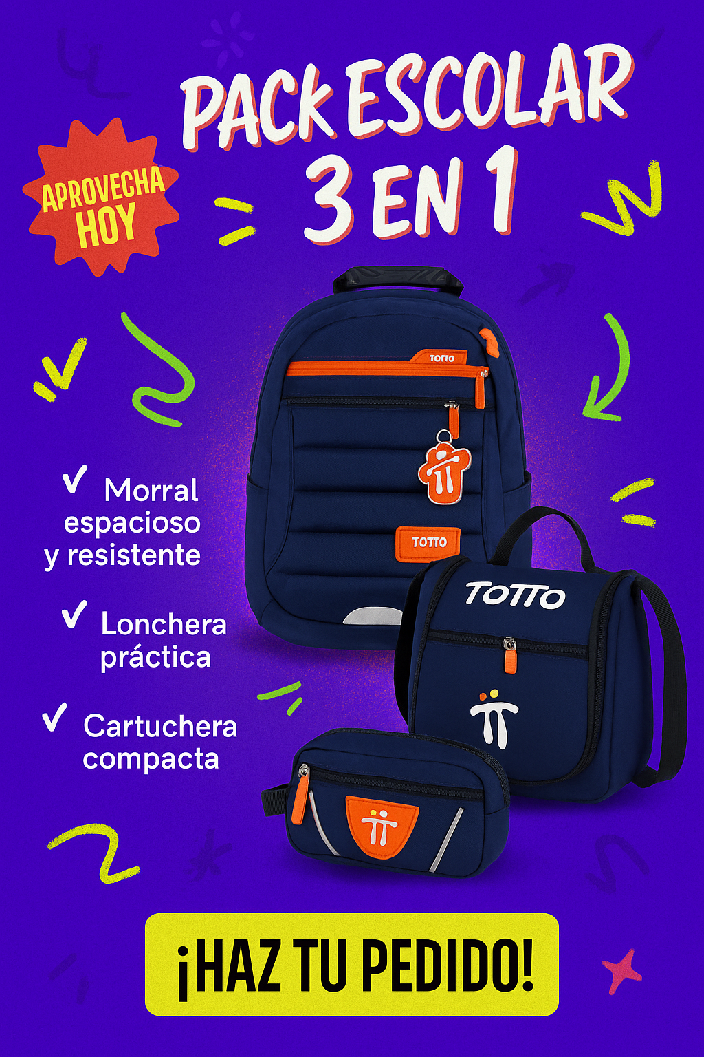 Morral Totto con Cartuchera y Lonchera: Práctico, duradero y con estilo por tan solo  $109.000