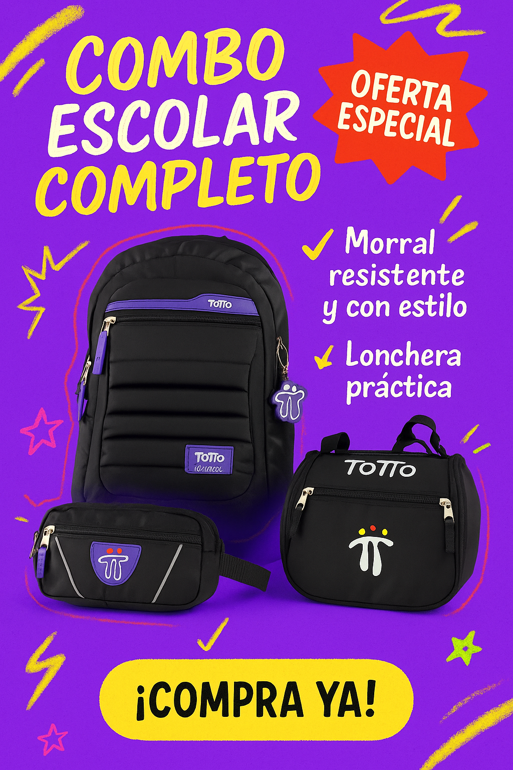 Morral Totto con Cartuchera y Lonchera: Práctico, duradero y con estilo por tan solo  $109.000