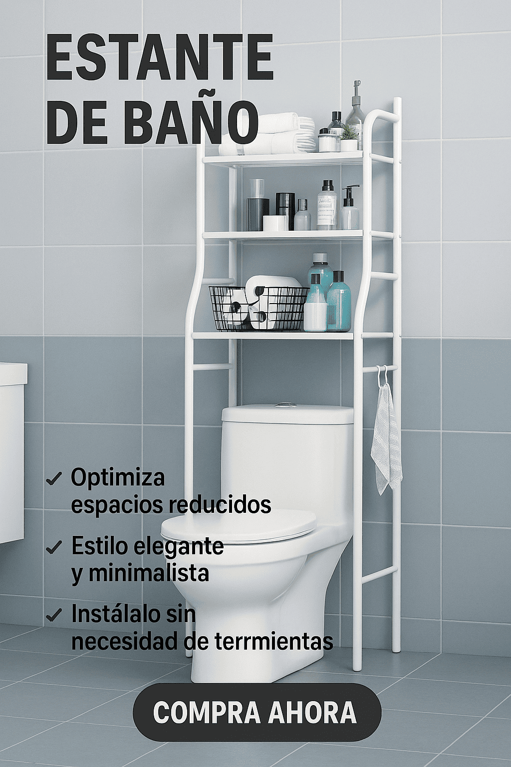 ¡Ahorra espacio con nuestro mueble de baño estantería! 🛁✨ Organizador práctico en blanco para un ambiente ordenado y hermoso. 🧴🧼🧻