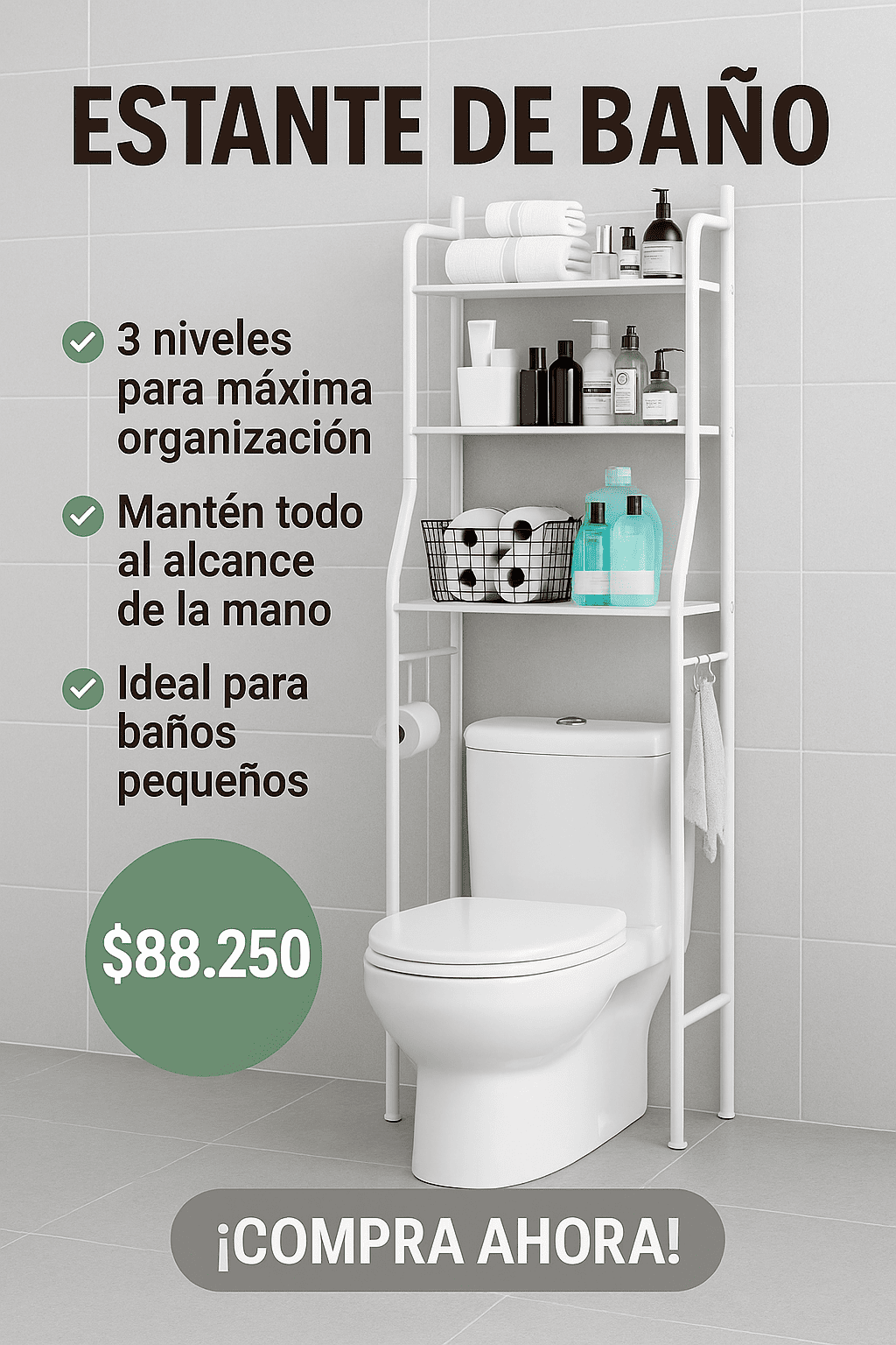 ¡Ahorra espacio con nuestro mueble de baño estantería! 🛁✨ Organizador práctico en blanco para un ambiente ordenado y hermoso. 🧴🧼🧻
