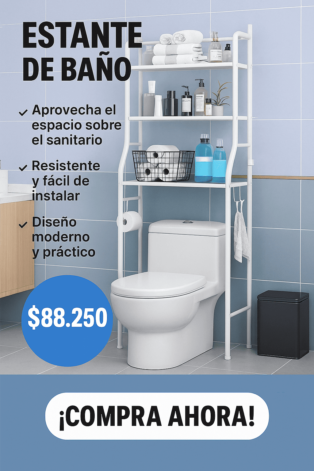 ¡Ahorra espacio con nuestro mueble de baño estantería! 🛁✨ Organizador práctico en blanco para un ambiente ordenado y hermoso. 🧴🧼🧻