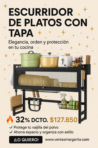🧼🍽️Escurridor de platos 65cm con tapa: ¡Organización total! ✨🗂️🧴