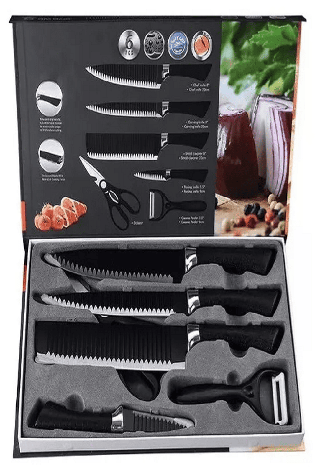 Juego Kit Set Cuchillos Todo En Uno 6 Piezas Profesionales Color Negro