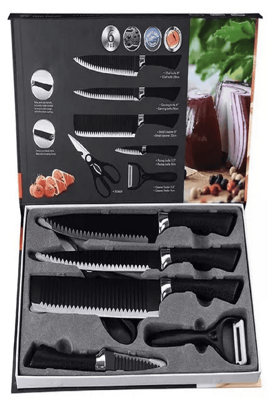 Juego Kit Set Cuchillos Todo En Uno 6 Piezas Profesionales Color Negro